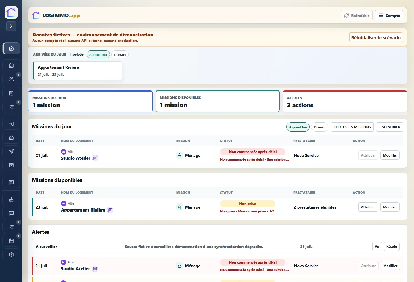 Tableau de bord LOGIMMO avec arrivées, missions du jour, missions disponibles et alertes fictives.