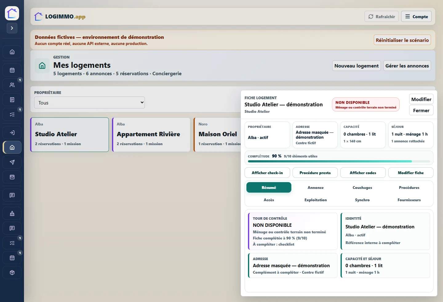 Fiche logement LOGIMMO avec statut, complétude, actions et onglets d’exploitation.