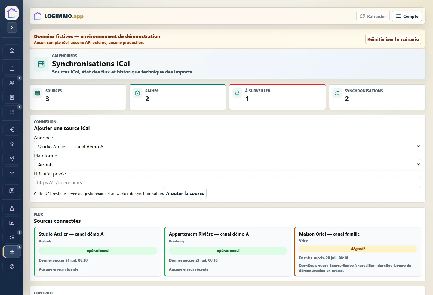 Liste fictive de sources iCal dans LOGIMMO pouvant provenir d’annonces ou d’un outil de distribution externe.